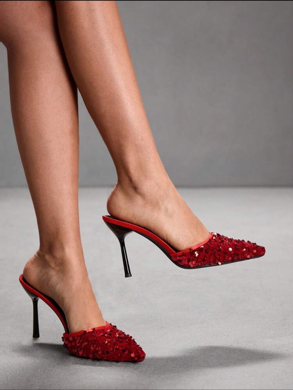 Red Sequin Pointed Mule Heels